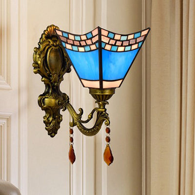 Mediterranean Blue Glass Wall Sconce For Foyer - Mini Lighting With 1 Light