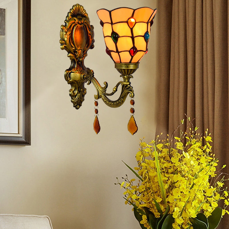 Vintage-Style Amber Glass Bell Wall Sconce With Colorful Bead - Bedroom Lamp (1 Light)
