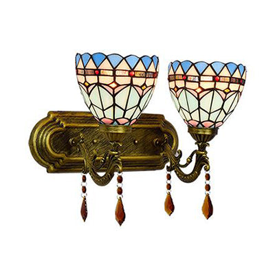 Blue Stained Glass Baroque Sconce Light With Bowl Shade - 2-Light Wall Lighting