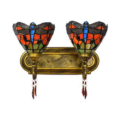 Dragonfly Stained Glass Wall Lamp - Lodge Style 2-Light Brass Sconce
