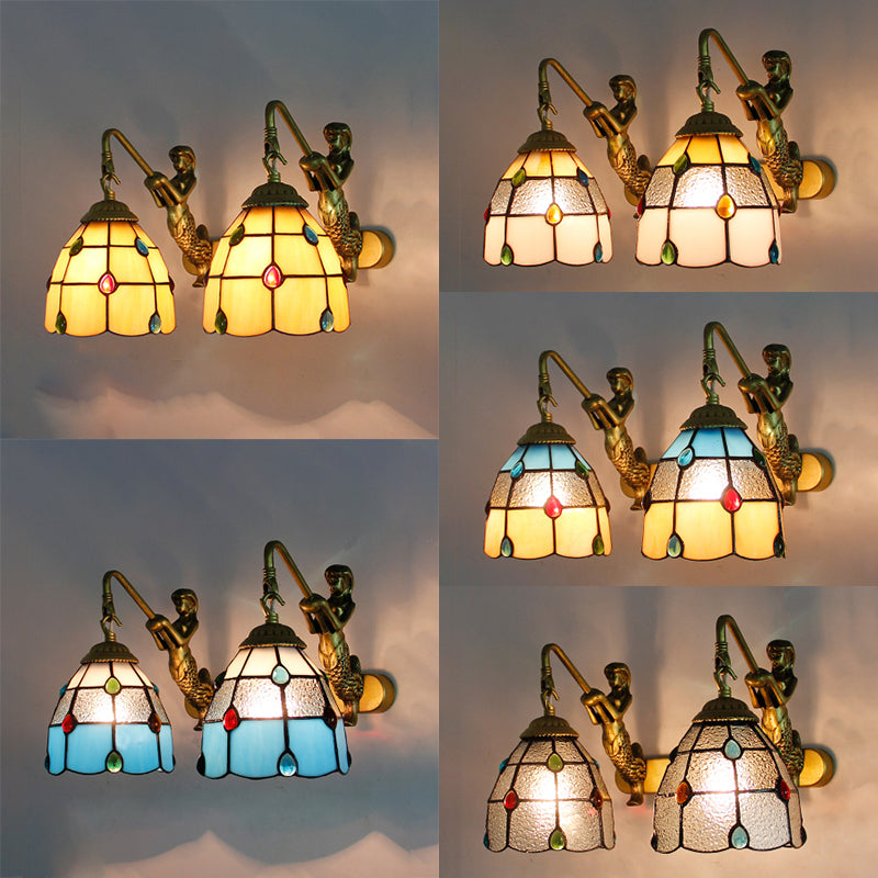 Tiffany Stained Glass Dome Wall Sconce Light With Mermaid Backplate - Yellow/Blue/Clear 2-Head