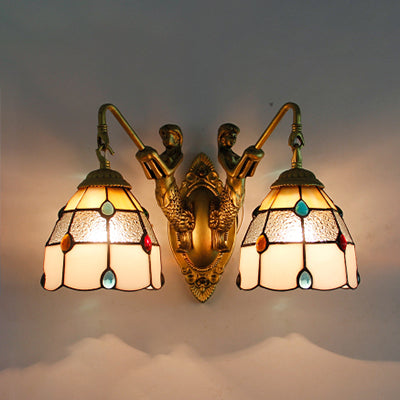 Tiffany 2-Head Grid Pattern Stained Glass Sconce Light - Beige-White-Blue-Clear Beige-White-Clear
