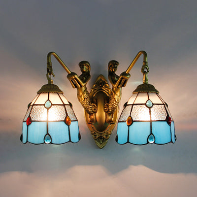 Tiffany 2-Head Grid Pattern Stained Glass Sconce Light - Beige-White-Blue-Clear Blue-Clear