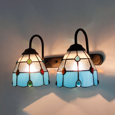 2-Head Tiffany White Grid Pattern Sconce With Agate Decoration - Wall Mounted Light Blue-Clear