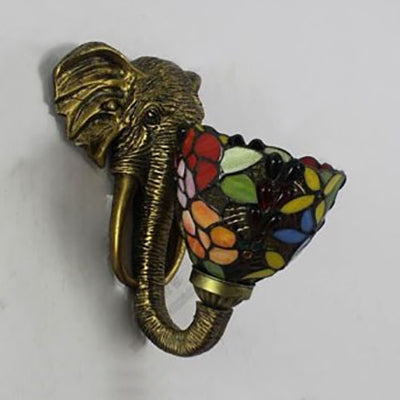 Sconce Lighting With Elephant Design And Lodge Style Stained Glass In Brass - Bowl Wall Lamp Floral
