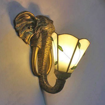 Rustic Resin Elephant Wall Sconce With Stained Glass Cone Shade - 1 Light Lighting Beige