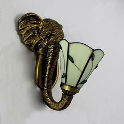 Rustic Resin Elephant Wall Sconce With Stained Glass Cone Shade - 1 Light Lighting