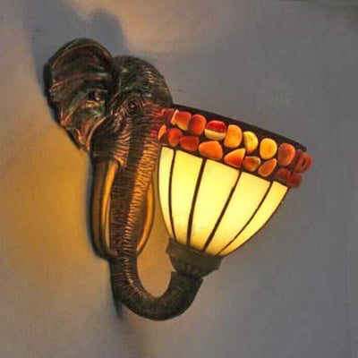 Elephant Resin Stained Glass Wall Sconce Lamp - Lodge Style Brass Accent