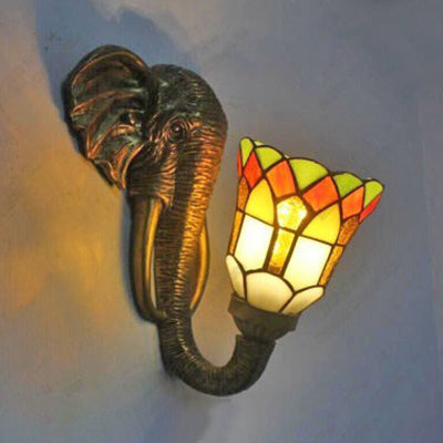 Tiffany Lodge Stained Glass Wall Light With Elephant Backplate Brass