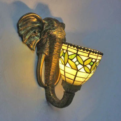 Rustic Elephant Resin Head Wall Sconce With Stained Glass Leaf And Brass Lighting Green