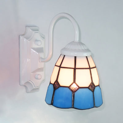Blue Grid Pattern Tiffany Glass Sconce Light With 1 Head - White Wall Mount
