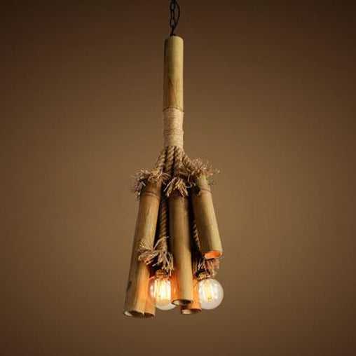 Open Bulb Chandelier Light for Restaurants - Bamboo Lodge Style Hanging Lamp with 3 Lights