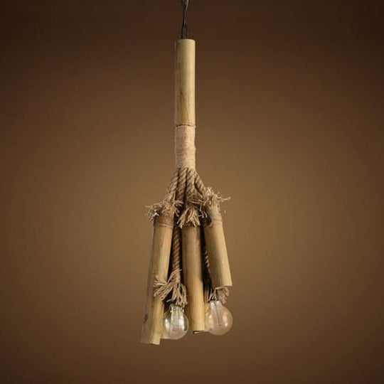 Open Bulb Chandelier Light for Restaurants - Bamboo Lodge Style Hanging Lamp with 3 Lights