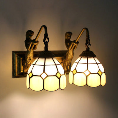 Baroque Antique Brass Wall Sconce With Beige Glass Dome 2 Head Light Fixture