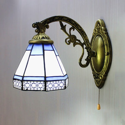 Vintage Cone Wall Sconce With Stained Glass Pull Chain - Blue 1-Light For Bedroom