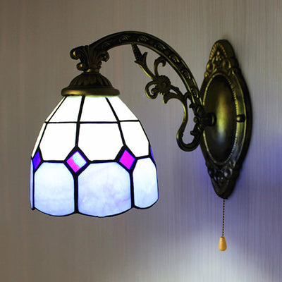 Blue Tiffany Style Stained Glass Wall Sconce Light With Curved Arm Pull Chain And Bowl Shade