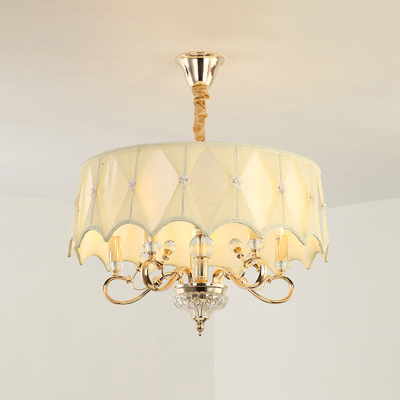 Contemporary Smocked Pleated Shade Chandelier Light 5-Bulb Pendant In Beige Fabric & Gold