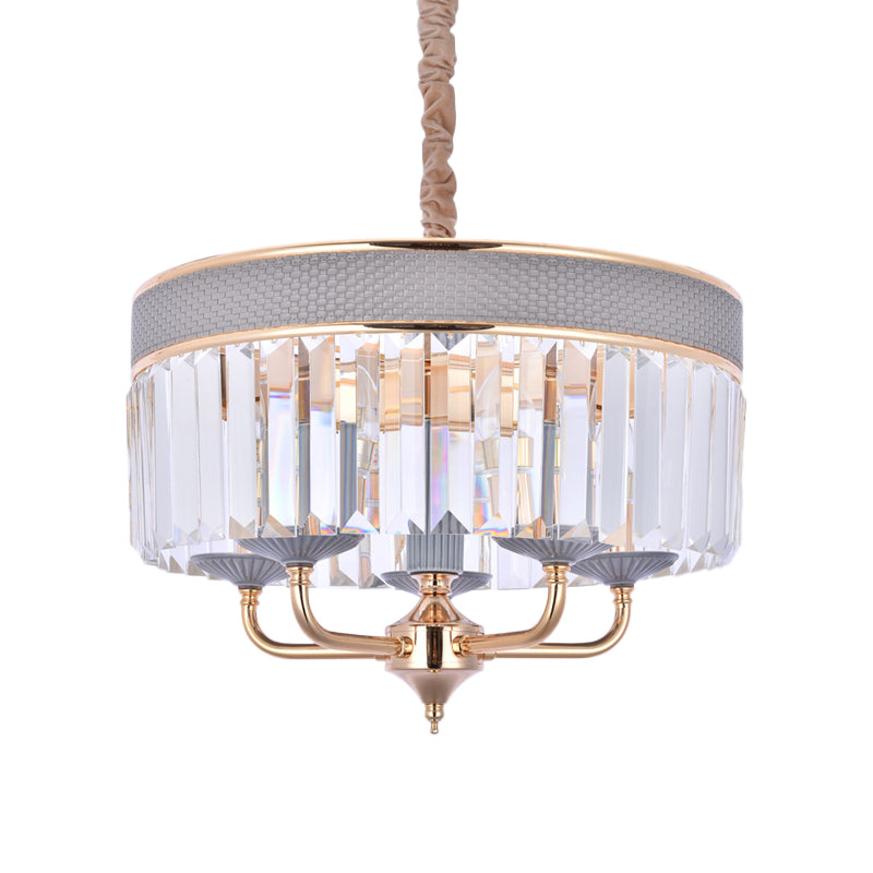 Contemporary Grey Drum Chandelier With Crystal Shade - 5 Heads Pendant Lighting Fixture