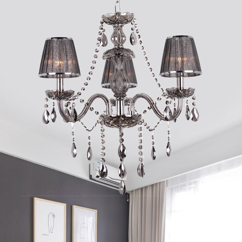 Contemporary 3-Head Grey Crystal Candelabra Chandelier With Fabric Shade - Ceiling Suspended
