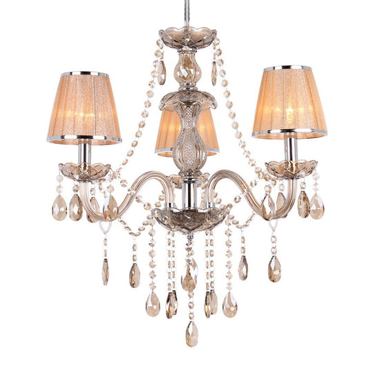Modern Crystal Pendant Light Kit With 3-Head Ceiling Chandelier & Pleated Fabric Shade In Gold