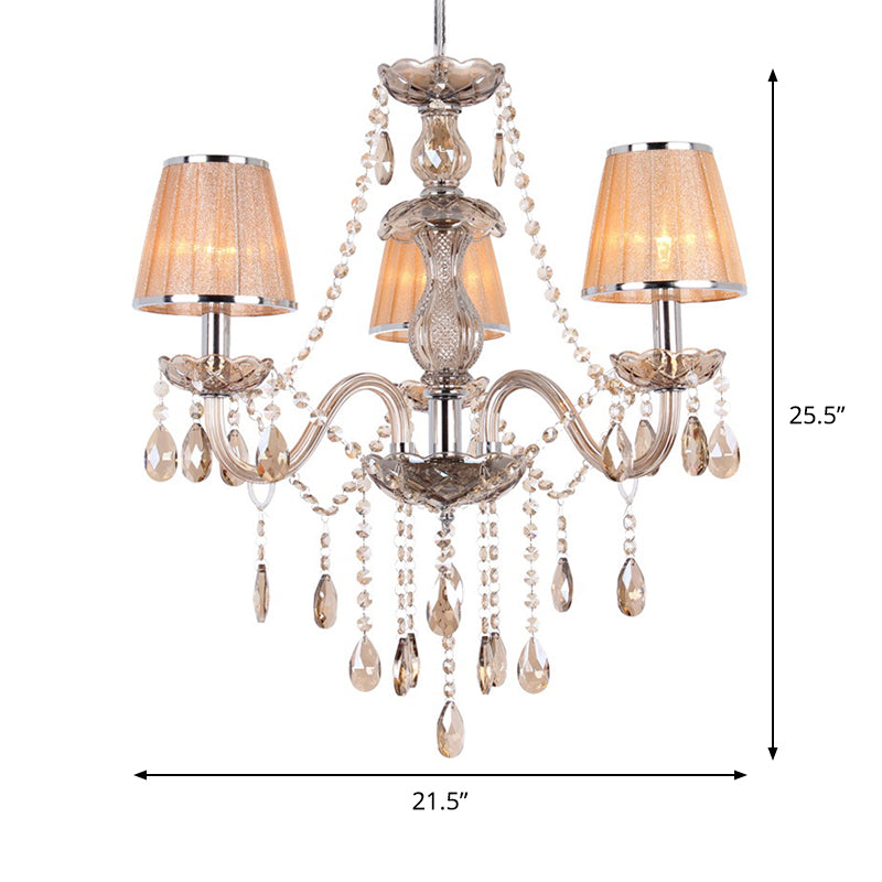 Modern Crystal Pendant Light Kit With 3-Head Ceiling Chandelier & Pleated Fabric Shade In Gold