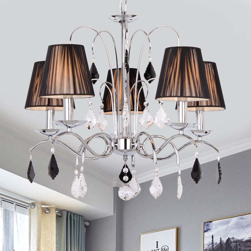 Contemporary Black 5-Light Chandelier With Swirled Arm Pleated Fabric Shade - Ceiling Fixture