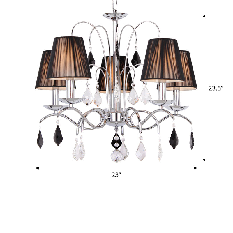 Contemporary Black 5-Light Chandelier With Swirled Arm Pleated Fabric Shade - Ceiling Fixture