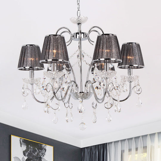 Modern 6-Bulb Crystal Chandelier With Grey Pleated Fabric Shade