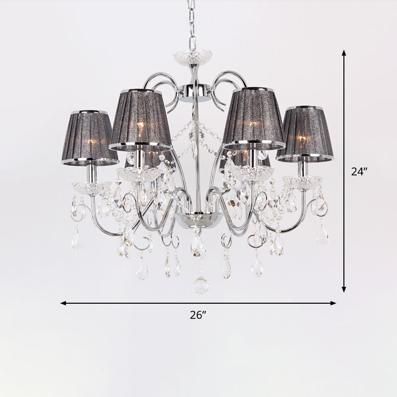 Modern 6-Bulb Crystal Chandelier With Grey Pleated Fabric Shade