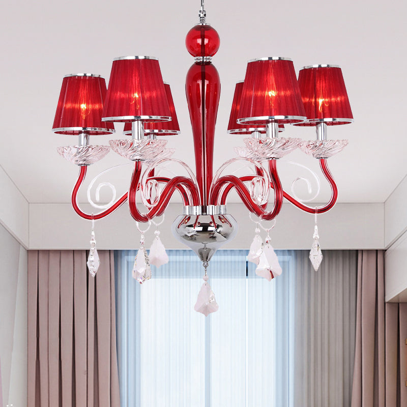 6-Head Chandelier Light Fixture: Conical Fabric Shade Crystal Dining Room Pendant Lighting Red