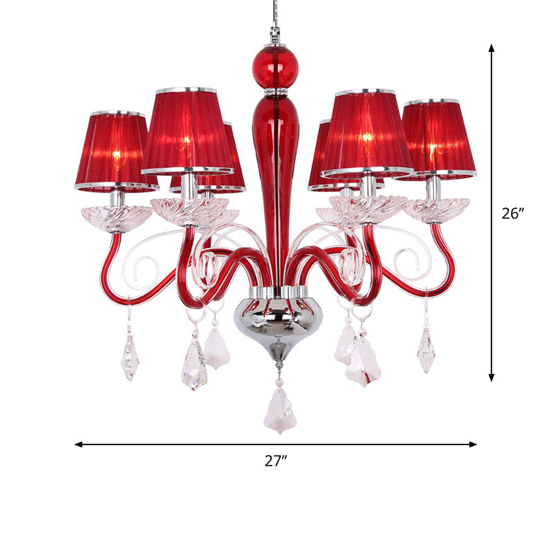 6-Head Chandelier Light Fixture: Conical Fabric Shade Crystal Dining Room Pendant Lighting