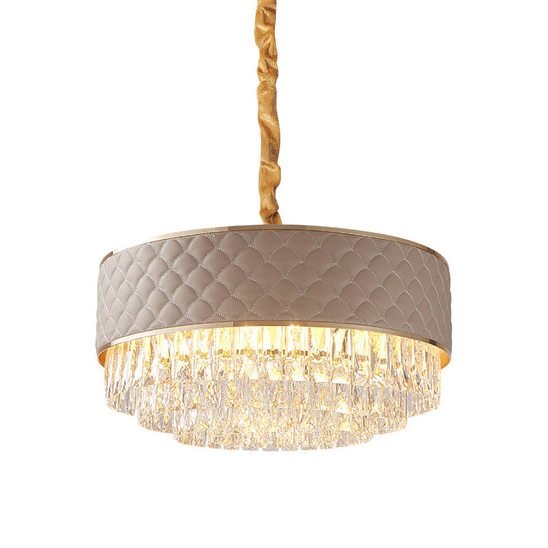 Post-Modern 10-Light Drum Ceiling Crystal Chandelier Light Fixture With Leatherwear Shade