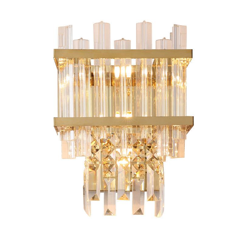 Modern Gold Crystal Rod Wall Mount Sconce With Cube Shade - 3-Light Fixture For Living Room Lighting