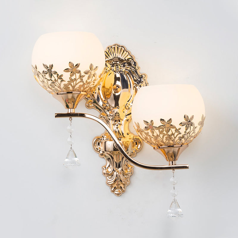 Modern Gold Wall Mounted Sconce Light Fixture With Crystal Shade - 2 Heads Bowl Design