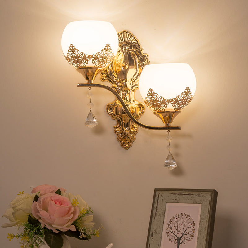 Modern Gold Crystal Bowl Wall Sconce With 2 Bulbs Elegant Lighting Fixture