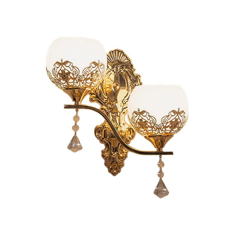 Modern Dome Wall Sconce With Swirled Arm - Crystal Accent Lighting Gold Finish 2 Lights