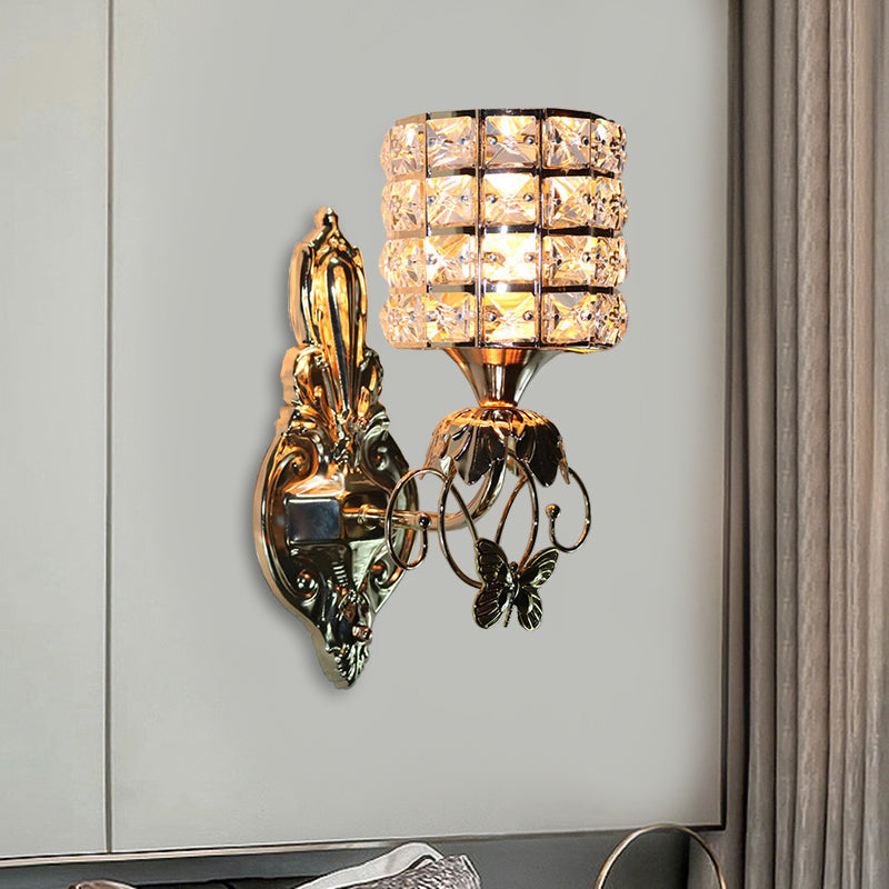 Modern Metal Wall Light Fixture With Crystal Shade And Cylinder Design - Ideal For Living Room Gold