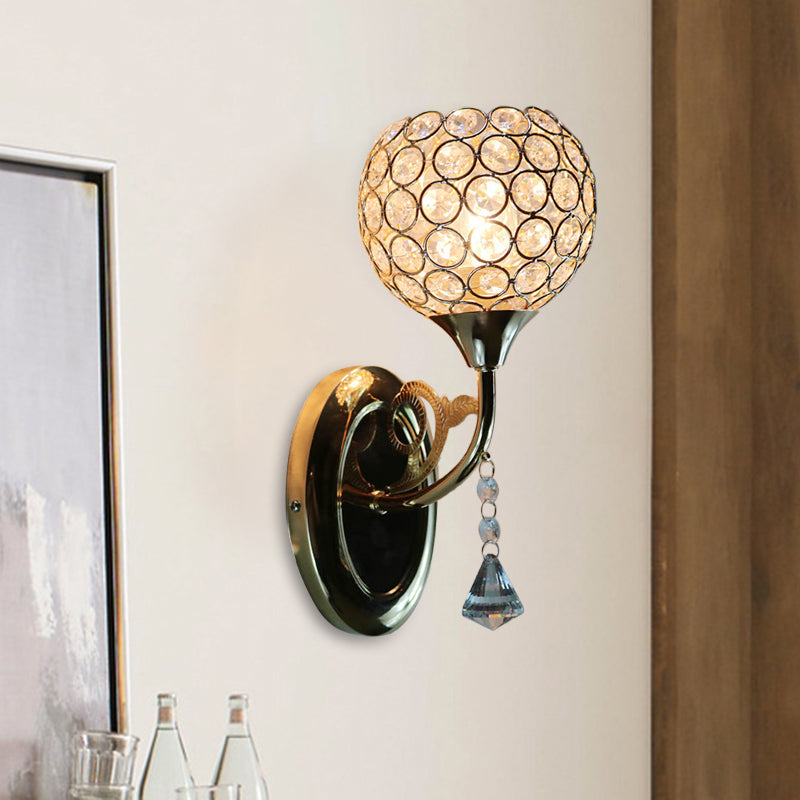 Minimalist Gold Bowl Wall Sconce Light: Opulent Crystal Inlaid Fixture For Bedroom 1 Bulb