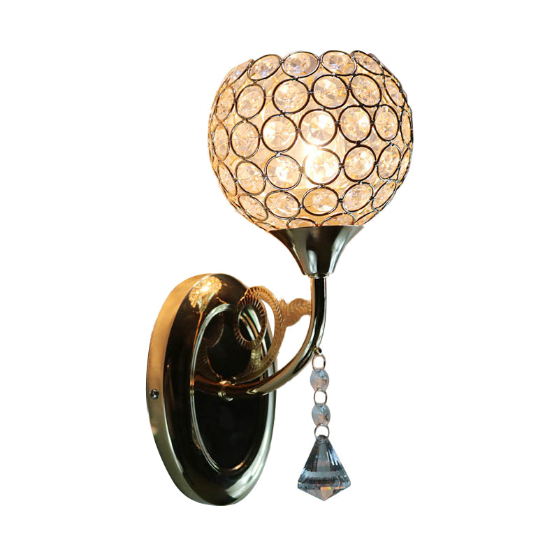Minimalist Gold Bowl Wall Sconce Light: Opulent Crystal Inlaid Fixture For Bedroom 1 Bulb