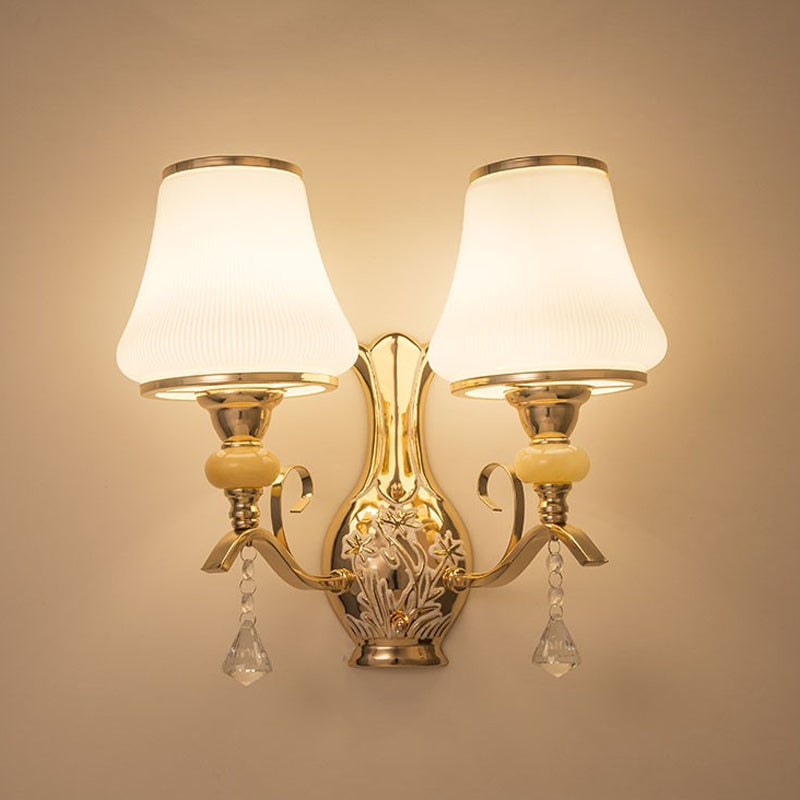 Nordic 2-Light Wall Sconce In Gold With Ribbed Glass Bell Shade: Elegant Living Room Lighting