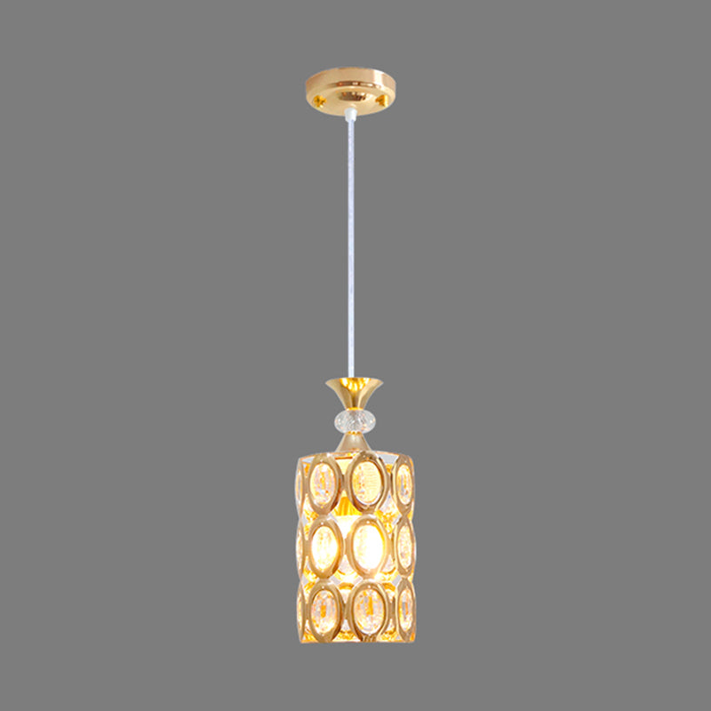Crystal-Encrusted Cylinder Pendant Light with Gold Finish Suspension - Modern and Elegant