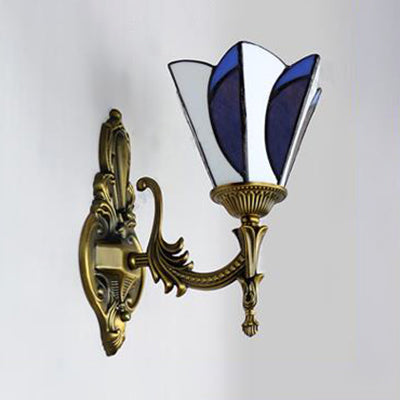 Tiffany Stained Glass Wall Sconce - Brass Accent Light With Cone Shade