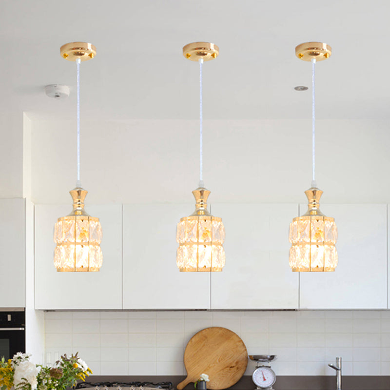 Gold Pendant Light With Crystal Block Cylinder - Modern Dining Room Lamp Kit