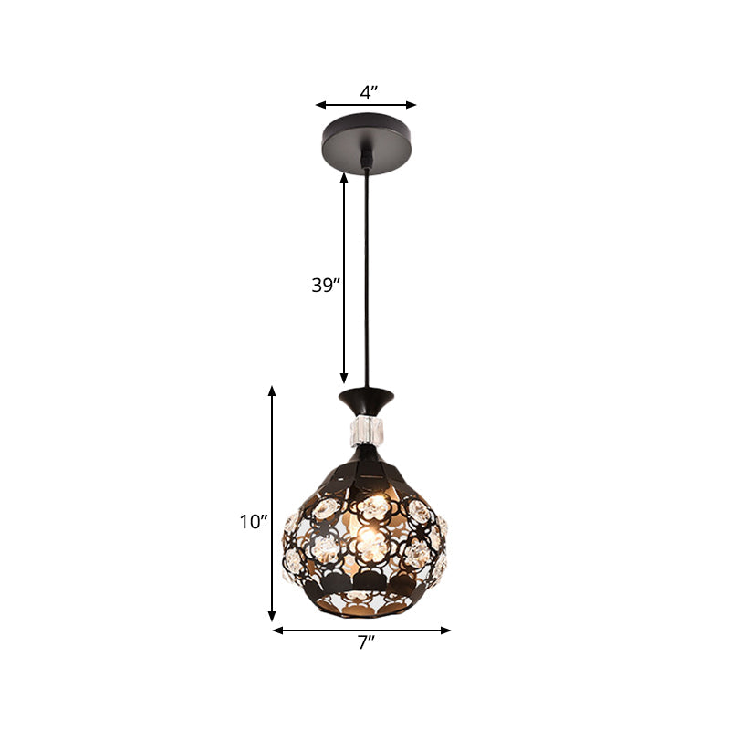 Modern 1-Head Black Iron Suspension Light with Crystal Accent - Hollow Flower Design