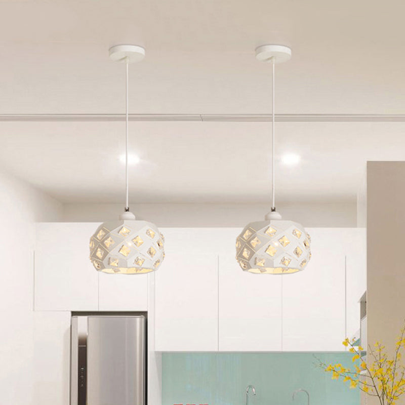 Minimal White Crystal Pendulum Hanging Lamp: Single Dining Room Light With Drum Iron Shade