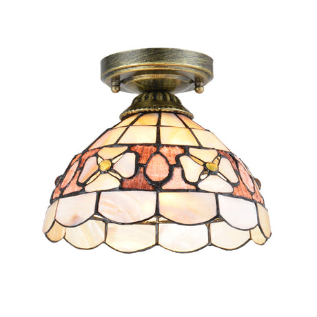 Tiffany Beige/Pink/Orange Shell Mini Flush Light Fixture - Natural Decorative Ceiling Lamp