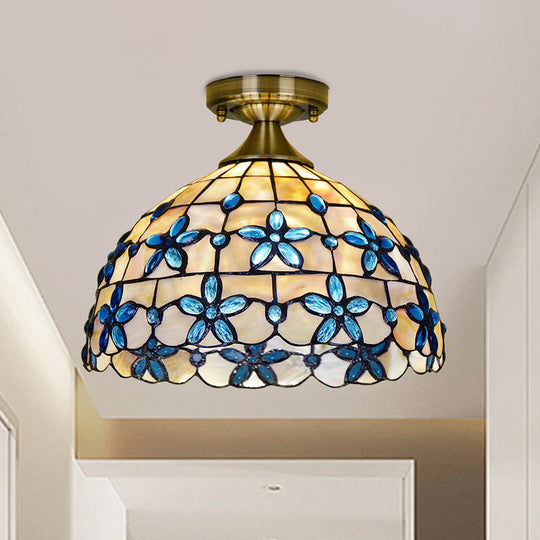 Tiffany Style Brass Dome Close To Ceiling Light - Blue Floral Jewels / 12