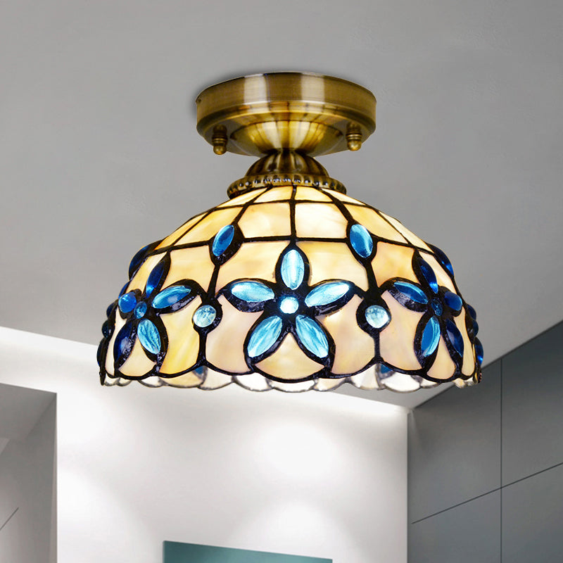 Tiffany Style Brass Dome Close To Ceiling Light - Blue Floral Jewels / 8