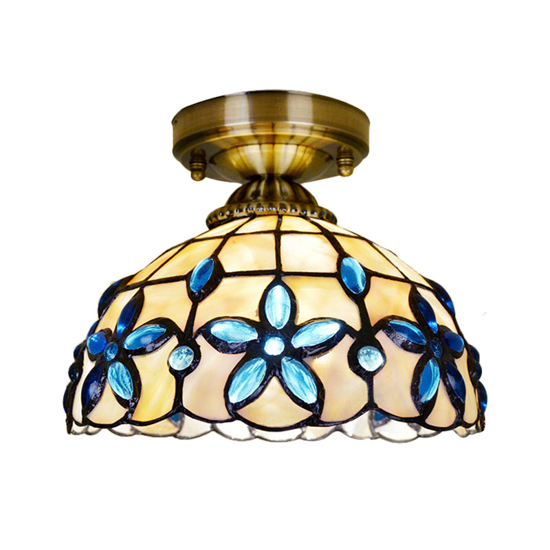 Tiffany Style Brass Dome Close To Ceiling Light - Blue Floral Jewels