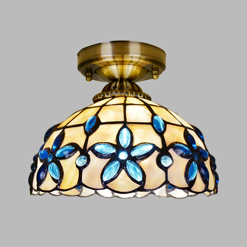 Tiffany Style Brass Dome Close To Ceiling Light - Blue Floral Jewels